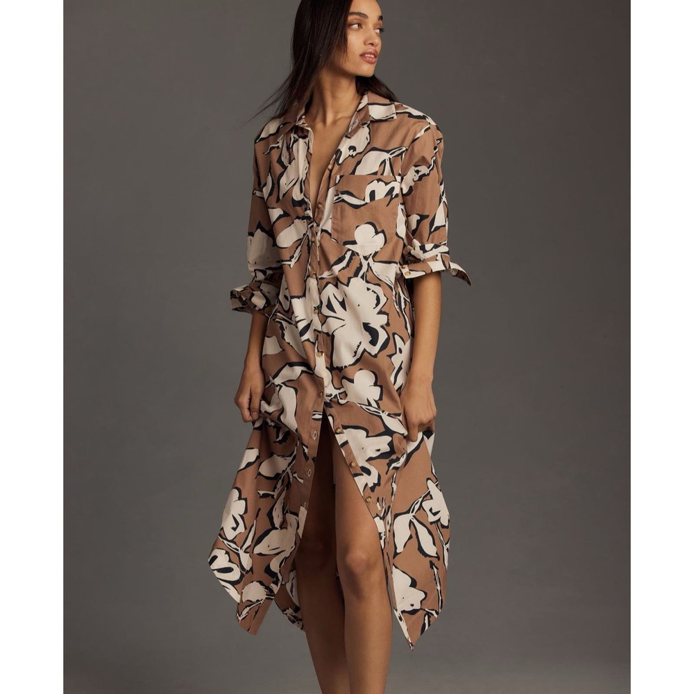 Maeve Anthropologie the Soren long sleeve shirt dress MEDIUM neutral motif